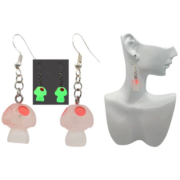Glow in the Dark Mushroom Earrings Orange – Rave Festival Gamer Style - Picture 3 of 3